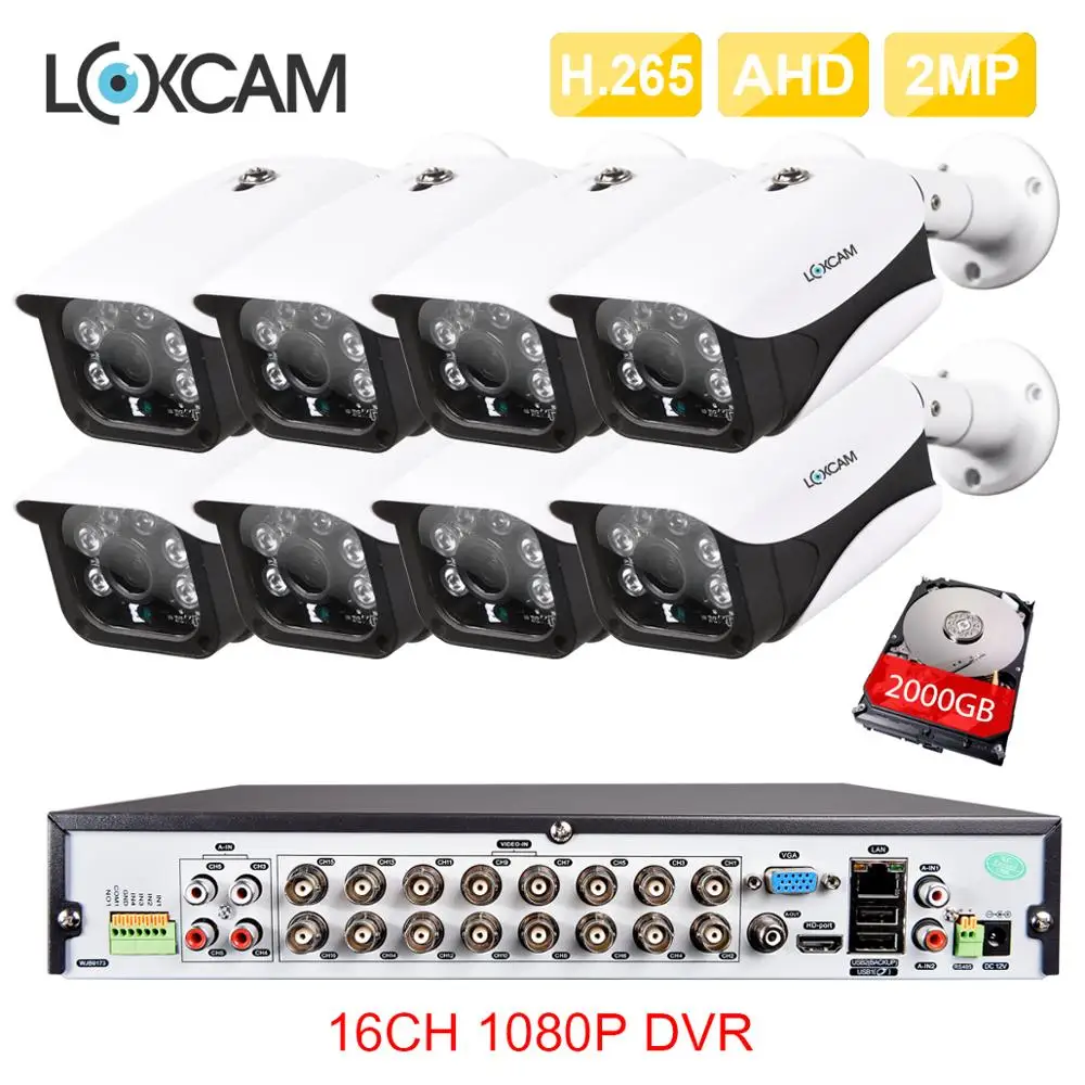 LOXCAM h.265 16CH 1080P DVR комплект 8 шт. AHD 2MP Водонепроницаемая камера безопасности система