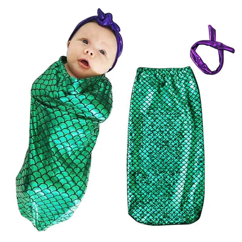Милые детские спальные мешки с русалочкой Одеяло Lap+ бант повязка на голову для новорожденного, для малыша Пижама для маленьких девочек, детская одежда