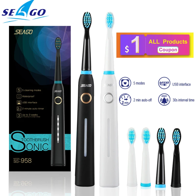 

SEAGO Sonic Electric Toothbrush Rechargeable for Adults 3 Replacement Heads USB Fast Charging Portable Toothbrush Black SG958
