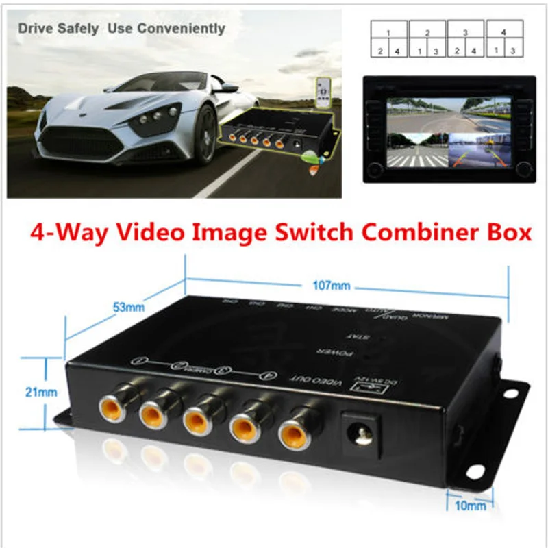 Universal Car 4-Way Video Switch Parking Camera Image Split-Screen Control Box