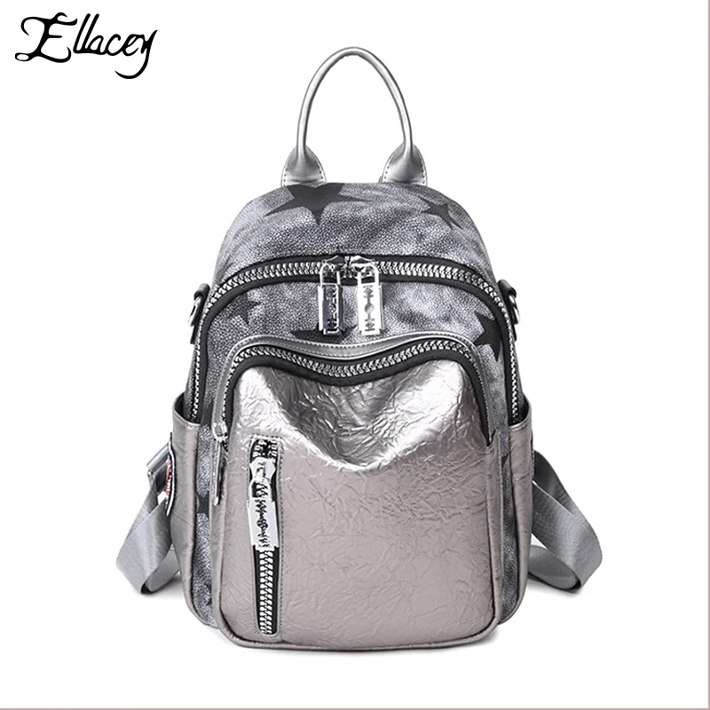 

Korean Fashion Backpack Women 2019 New Casual Black Sliver Bagpack Simple Waterproof Student School Bag PU Leather Backpack