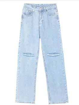 

Spring new hole high waist jeans loose straight pants