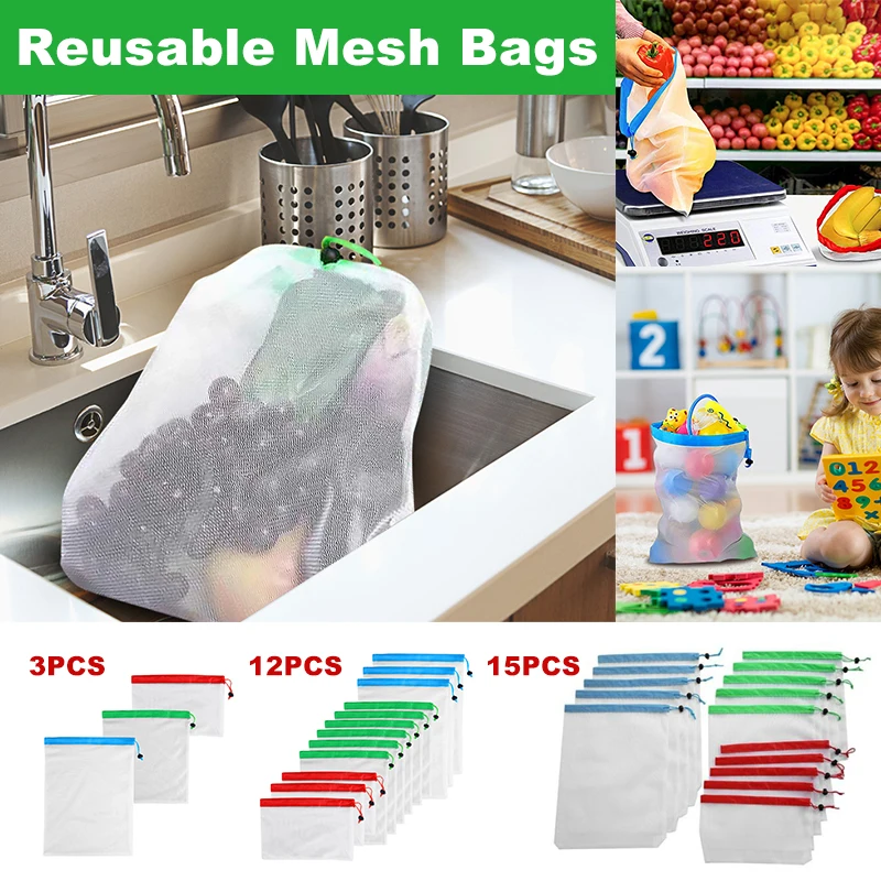 15 шт./лот многоразовые сетчатые сумки производят сумки моющиеся Экологичные легкие сумки для мелочей фрукты овощи игрушки сумка для хранения