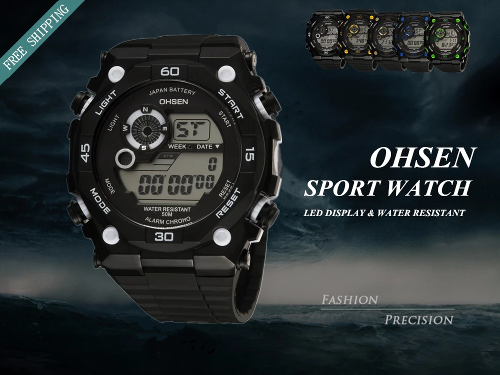 Модные цифровые часы OHSEN, мужские спортивные часы, мужские часы с будильником, секундомером, светодиодный, 50 м, водонепроницаемые, с резиновым ремешком, военные наручные часы