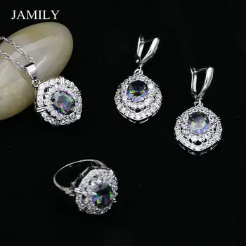 

Fashion Silver 925 Rainbow Egg Jewelry Sets For Women Party And Wedding Necklace Earrings Ring