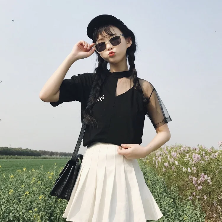 Корейская Летняя женская Футболка Harajuku с круглым вырезом и надписью, одежда с открытыми плечами, сексуальные черные повседневные сетчатые футболки