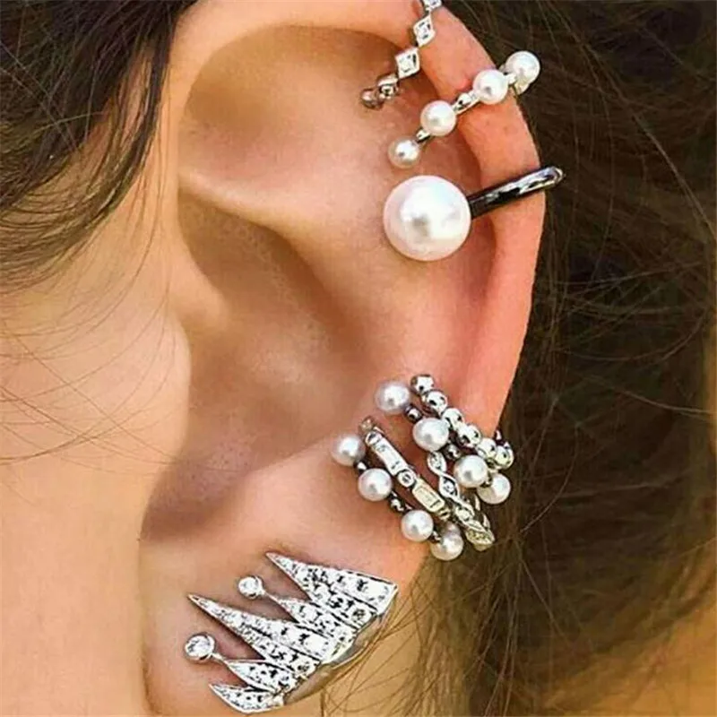 

9pcs/set Punk Simulated Pearl Crystal Clip Earrings for Women Bohemian Silver Color Ear Cuff Brincos Fashion Geometry Jewelry