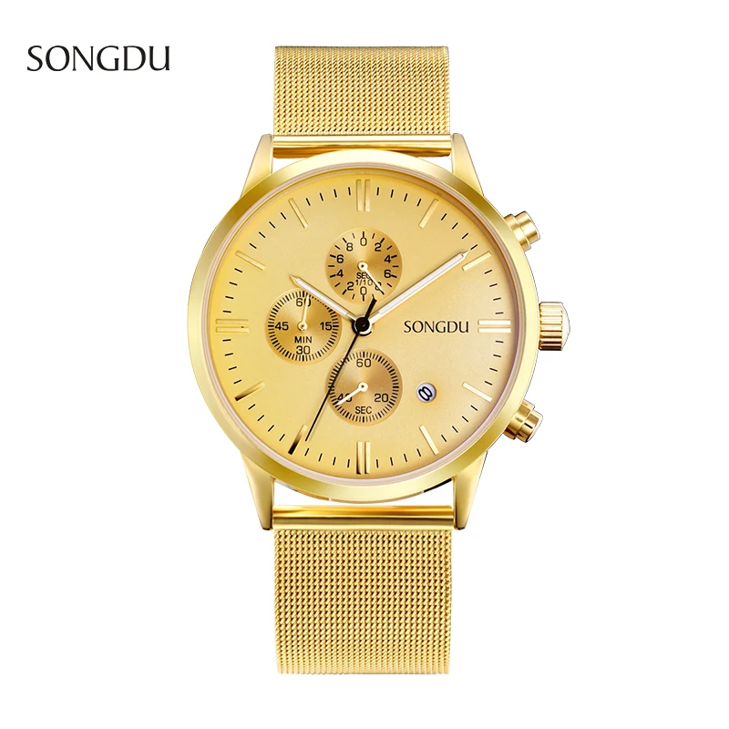 

man watch 2017 Luxury Brand SONGDU Gold stainless steel mesh belt Watch Fashion Sports Quartz Waterproof Calendar Watch men