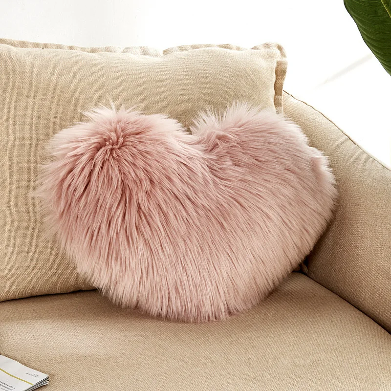 Heart Shaped Fluffy Faux Fur Plush Throw Pillow Case Shaggy Sofa Cushion Cover 