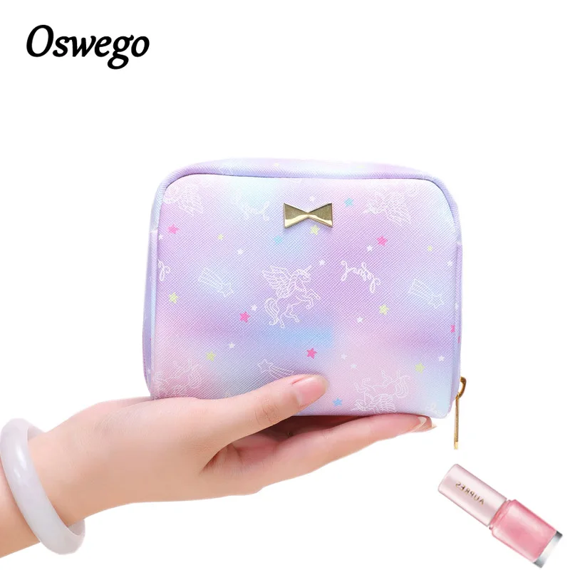 

Oswego Mini Cosmetic Bag Cartoon Unicornio Print PVC Zipper Waterproof Makeup Bag Lovely Travel Accessories Organizer Women Bag