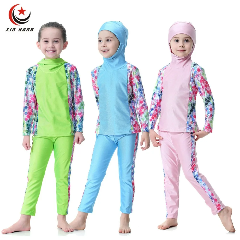 

Girls Muslim Swimwears Light Color Full Cover Two-piece Hoodie Swimsuits Islamic Children Arab Islam Long Swim Suits Burkinis