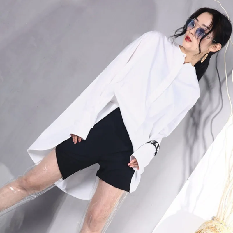 

LANMREM 2019 Spring Summer New Large Size Simple White Shirt For Women Oversize Irregular Hem Stand Collar Blouse Famale JO565