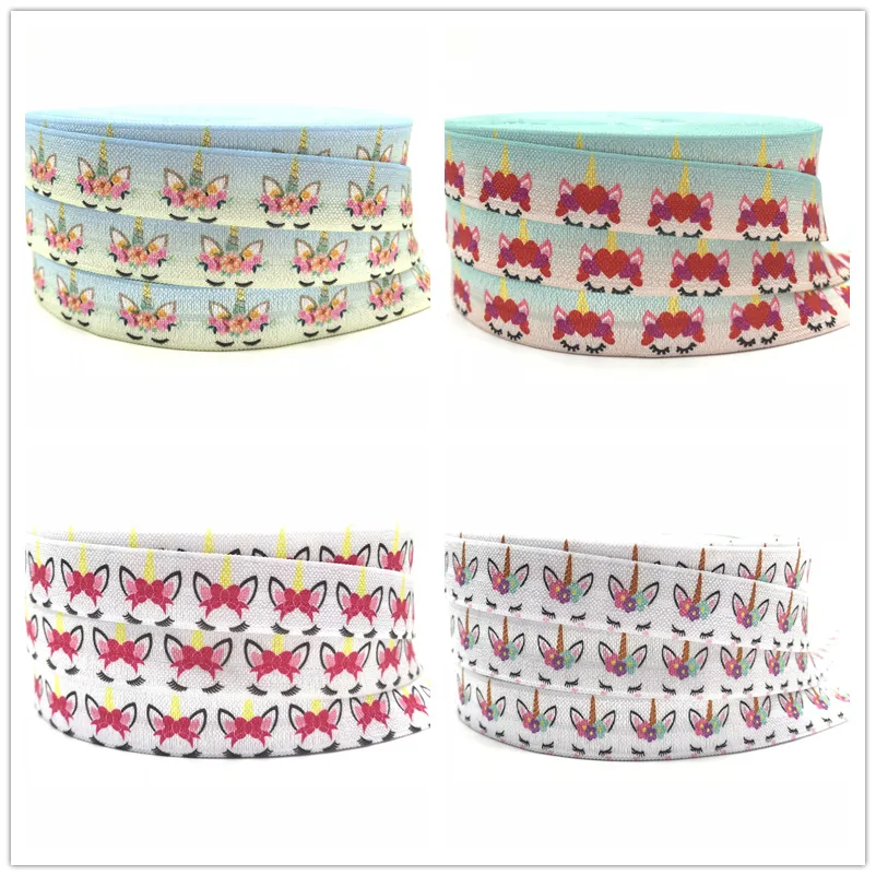 

Unicorn Print Fold over Elastic Ribbon 10 Yards FOE Colorful Rainbow Gold Horn Print Sewing Headband Webbing Accessory
