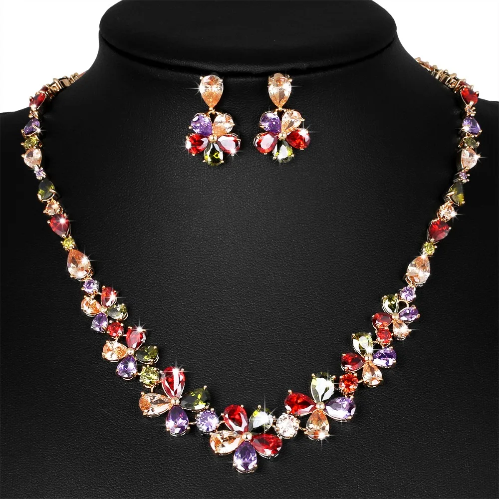 

baiduqiandu Wedding Necklace Earring Sets Bridal Flower Cubic Zirconia Jewelry Sets for Women Elegant Party Gift Fashion Costume