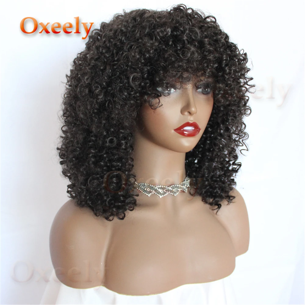 Oxeely высокая плотность кудрявые парики Шелковый топ синтетические АФО парики для женщин с челкой натуральный черный цвет волос