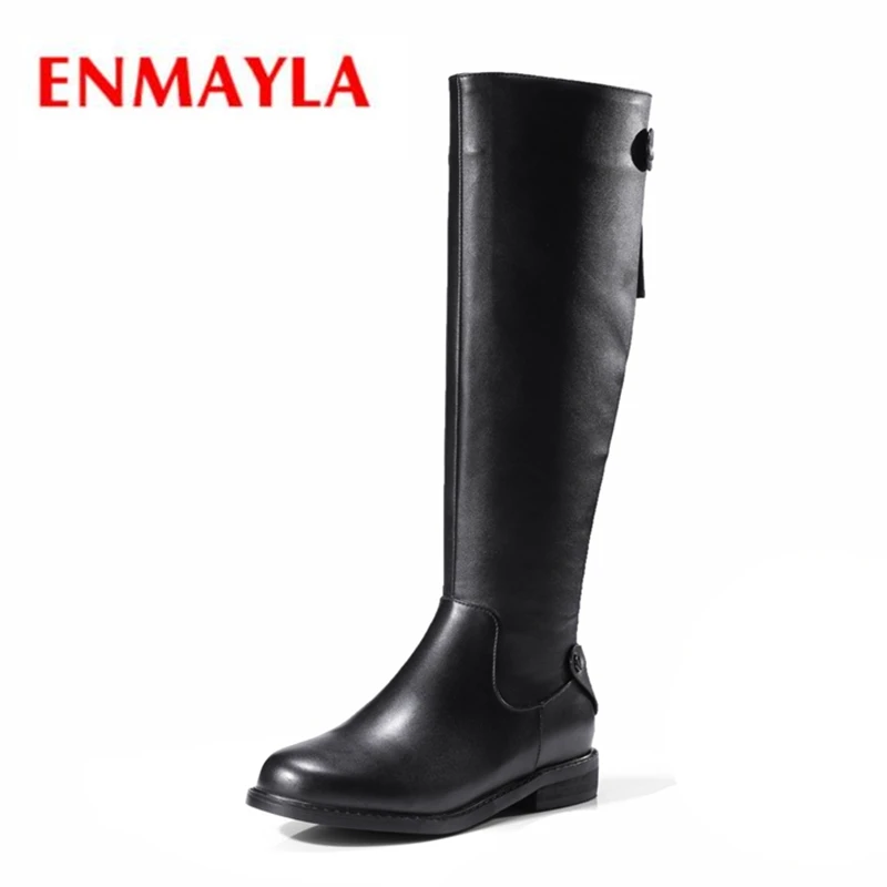 

ENMAYLA New fashion women round toe flat with knee high boots lady zipper solid botas mujer Big size 34-39 ZYL1168
