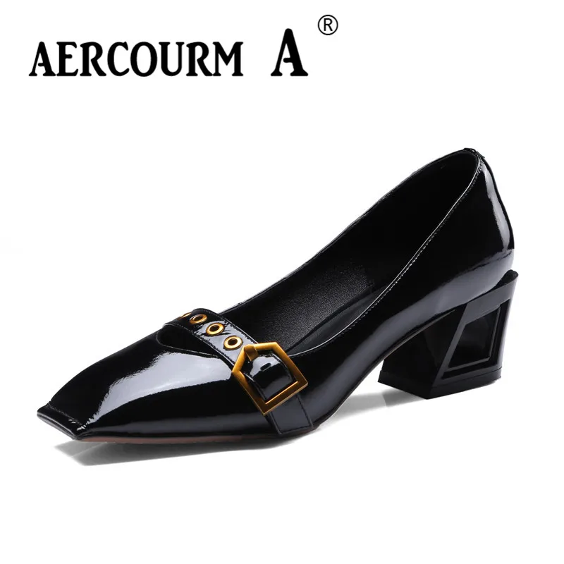 

Aercourm A 2018 Spring Women Black Pumps Square Toe Genuine Leather Shoes Middle Square Heel Metal Button Female Shoes DTN98