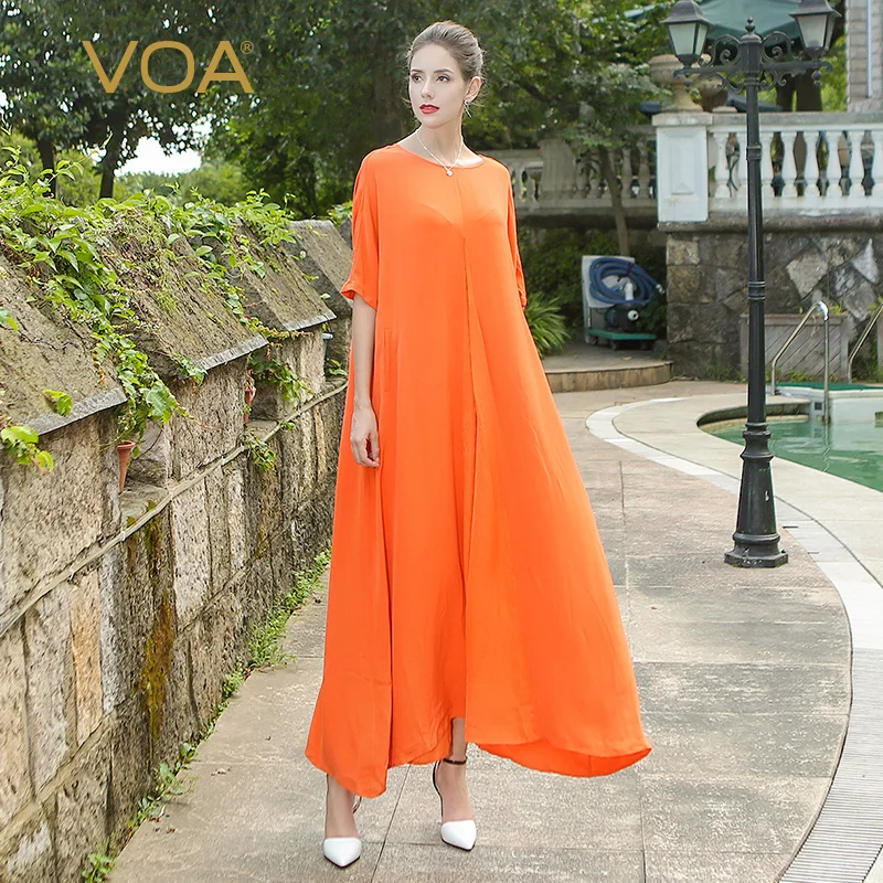 VOA Zware Zijden Zwangere Vrouw Oranje Maxi Jurk Losse Casual Comfort Solid Lange Gewaad Plus Size Half Mouw O-hals Leisure a7070 VOA Zware Zijden Zwangere Vrouw Oranje Maxi Jurk Losse Casual Comfort Solid Lange Gewaad Plus Size Half Mouw O-hals Leisure a7070