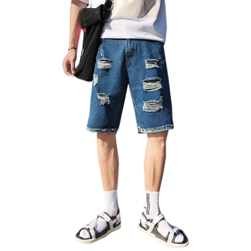 

Jeans men's five-point jeans large size complex large size Harajuku hole five points jeans men's personality hole blue jeans