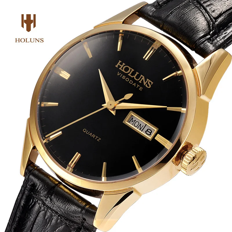 Luxury HOLUNS watch men sapphire glass leather strap waterproof date stainless steel quartz watch relogio masculine