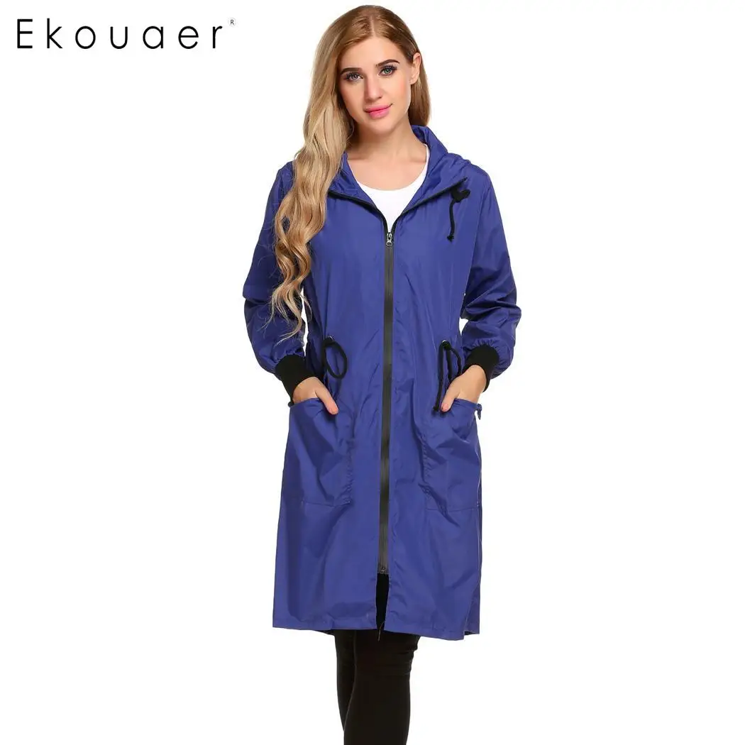 Ekouaer Женская длинная куртка с капюшоном с длинным рукавом легкая водонепроницаемая дождевая куртка, дождевик Женская модная верхняя одежда - Цвет: dark blue