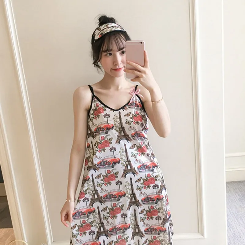 

2019 Summer New Ladies Female Ice Silk Straps Nightdress Adjustable Shoulder Strap Nightdress + Eye Mask