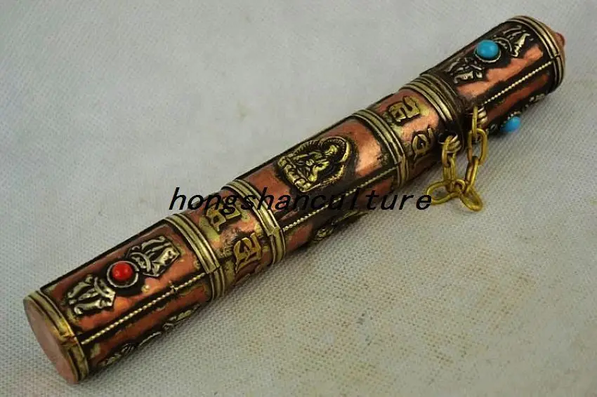 

Crafts statue Collectibles Old Decorated Handwork Copper Carving Buddha Inlay Beads Pillar Box