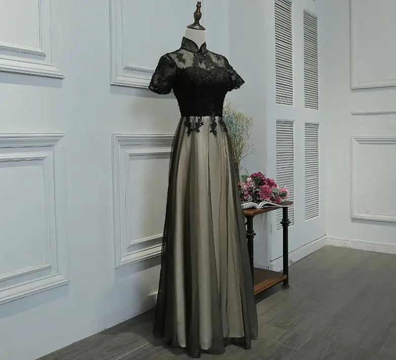 VENSANAC 2017 New A Line Embroidery High Colar Long Evening Dresses Short Sleeve Elegant Draped Sash Lace Party Prom Gowns