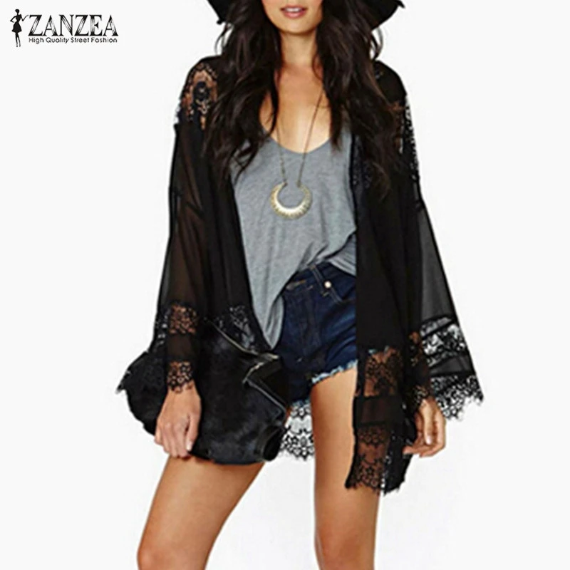 Plus Size ZANZEA Women 2019 Casual Vintage Kimono Cardigan Lace Crochet Chiffon Loose Blouse Tops Beach Beige Black White