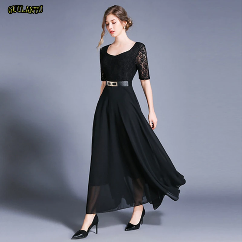 

high quality fashion lace Patchwork shiffon long dress women casual festival Black maxi robe female formal Plus Size dresses