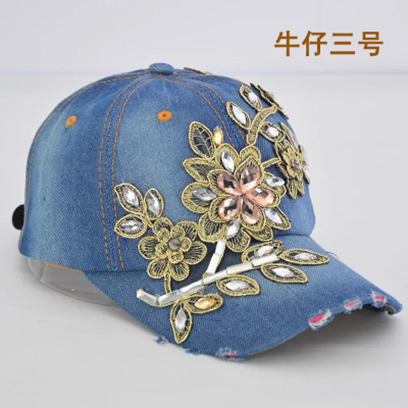 denim 3 Женская бейсбольная кепка Алмазная вышивка цветок джинсовая бейсболка Шляпы джинсы женская кепка ковбойская летняя Солнцезащитная шляпа - Цвет: denim 3