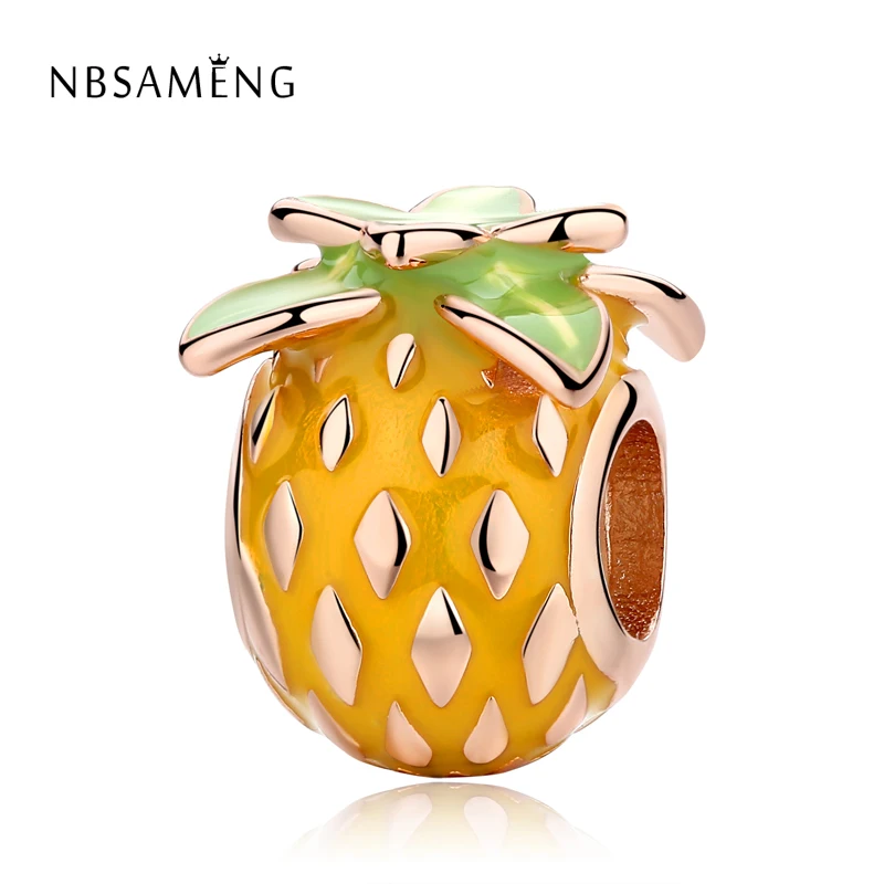 

2018 Authentic 925 Sterling Silver Bead Yellow Enanel Rose Gold Pineapple Fruit Charm Fit Original Pandora Bracelets DIY Charms