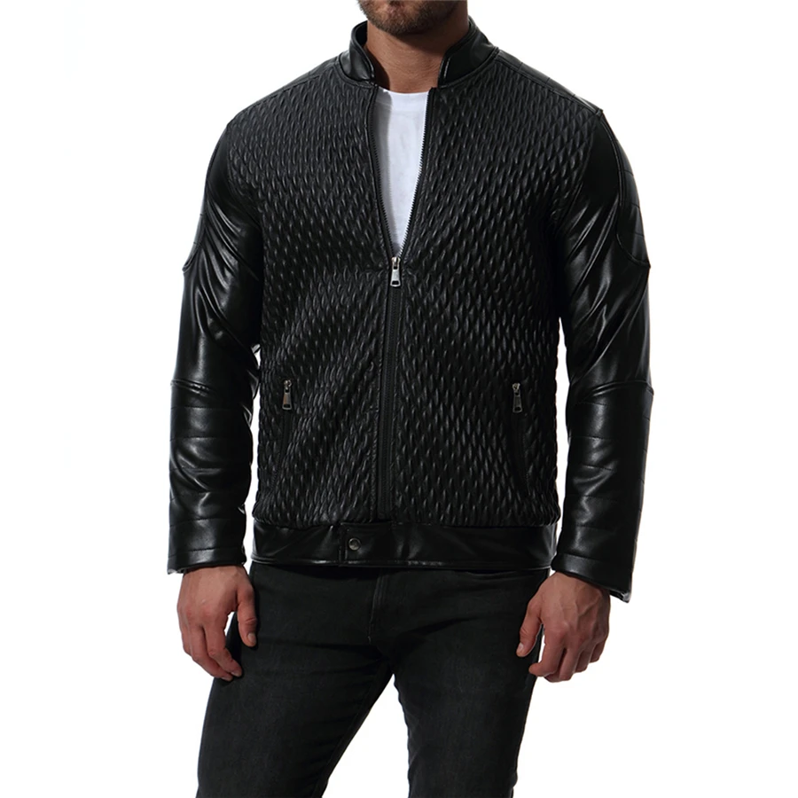  New Fashion High-end Mens Black Standing Collar PU Leather Jacket Loose Comfortable Elegant Men Bus
