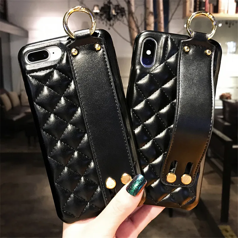 

High-grade PU Leather Case For iPhone 6 6s 7 8 Plus Soft TPU Edge Cover For iPhone X XS XMAX XR Black Wristband Case For Girls
