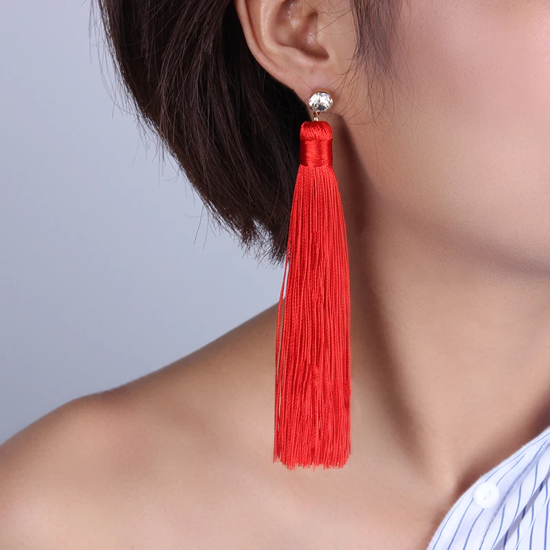 

Fashion CZ Bohemian Long Tassel Earrings White Red Blue Black Silk Fabric Drop Dangle Earrings For Women 2019 Jewelry