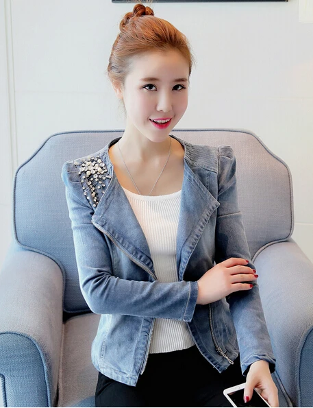 

Free Shipping 2017 Autumn New Women's Fashion Beaded Short section Long-sleeved Denim Jacket size S-XXL