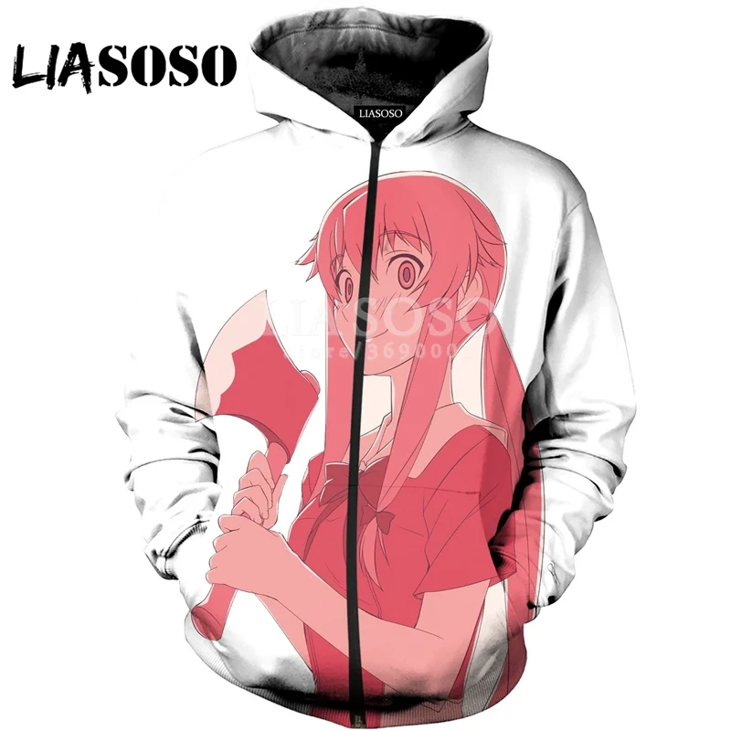 LIASOSO, 3D принт, для женщин и мужчин, аниме, дневник будущего, Yuno Gasai, с капюшоном, пуловер, толстовки, повседневная куртка на молнии, HarajukuX0702 - Цвет: 2