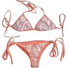 8 вид плюс Размеры пикантные, бикини пляж костюм с пайетками комплект Шея колодки+ Топ бюстье бюстгальтер+ галстук High-Cut Brief, женское белье, расшитое блестками