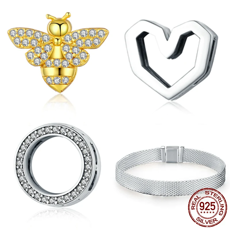 

MYBEBOA 925 Sterling Silver Beads Simple Love Heart Round Clips fit Original Pandora Reflexions Bracelet DIY Charms Jewelry