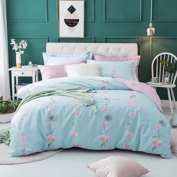 

4Pieces Leaves printing Queen King size Bedding set 100% Cotton Soft Bedsheet set Duvet cover Pillowcase