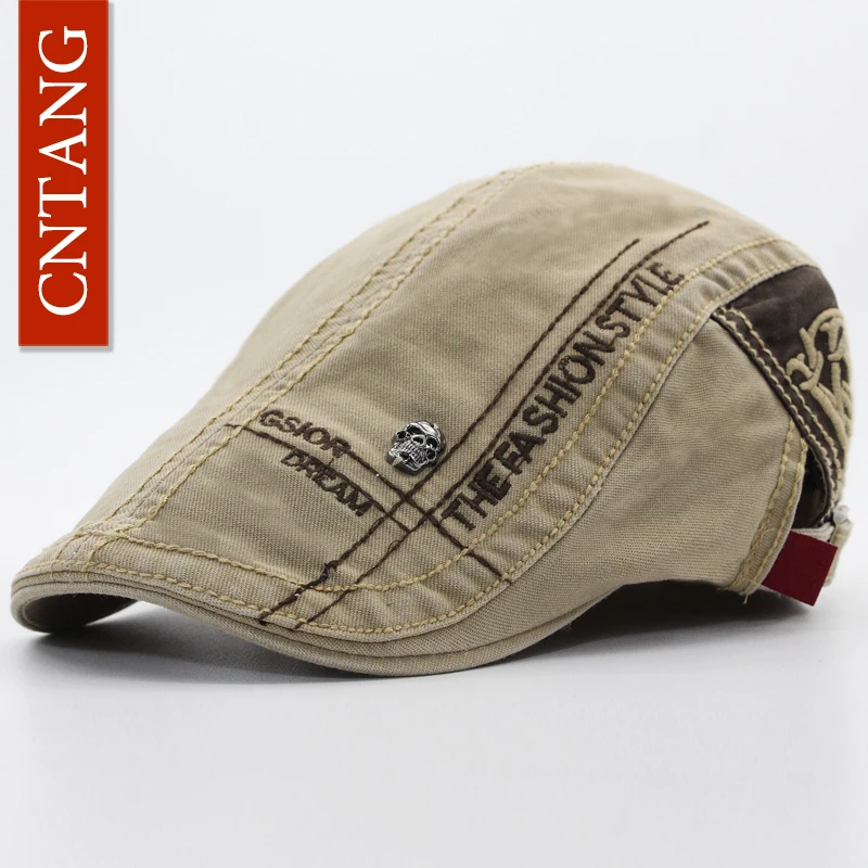 Beret hat CNTANG Casual Letter Embroidery Skull Beret Cotton Visor Cap For Men Fashion Hat Retro Flat Caps Button Adjustable Berets