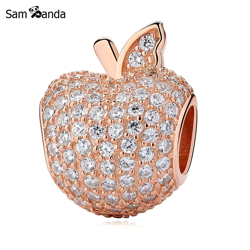 

New Authentic 100% 925 Sterling Silver Bead Charm Pave Apple Charms Rose Gold Crystals Fit Pandora Bracelets Women DIY Jewelry