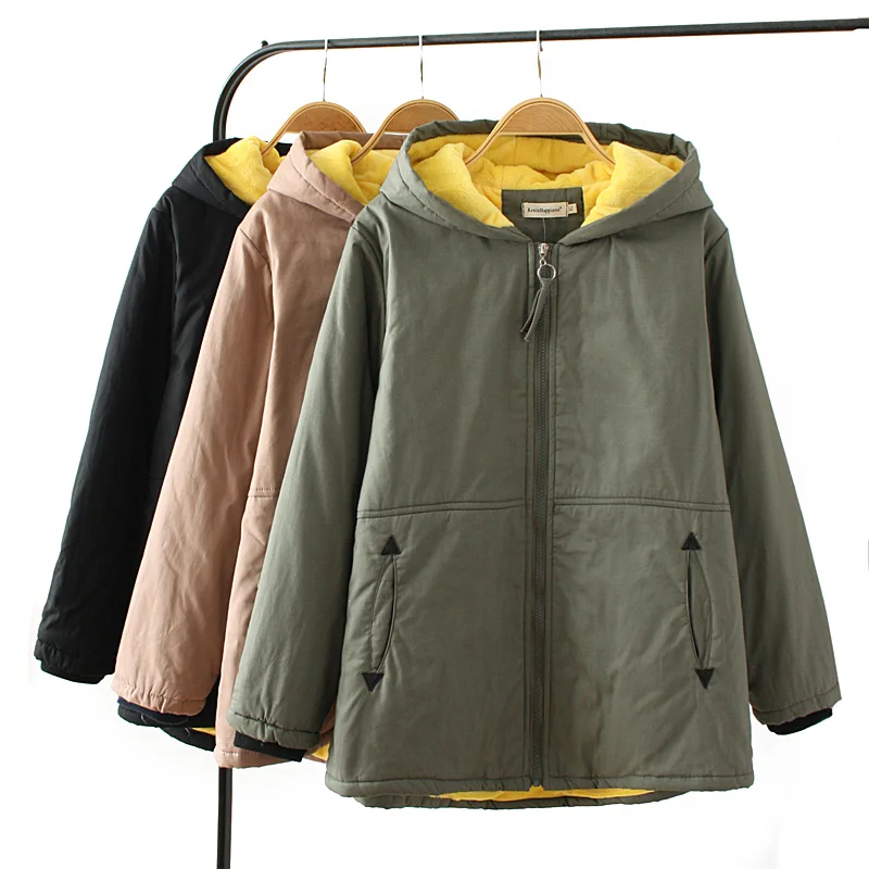 Зимняя женская хлопковая куртка, теплое пальто, свободное, плюс бархат, толстый, длинный рукав, одноцветное, Женское пальто, повседневная куртка с капюшоном, плюс размер 4XL