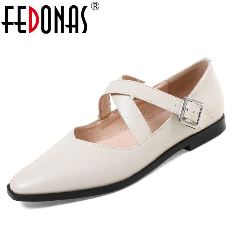 

FEDONAS Brand Buckles Women Cow Leather Flats Loafers Shoes Fashion Square Toe Spring Autumn New Genuine Leather SHoes Woman