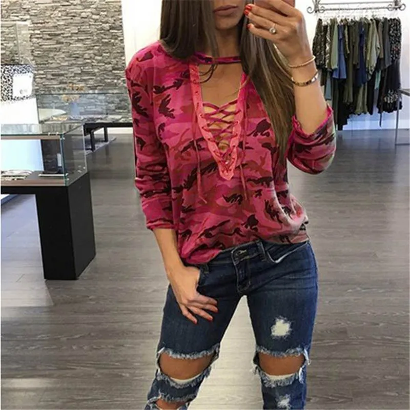 المرأة أزياء الملابس التمويه تي شيرت الصيف مثير ضمادة V الرقبة الجوف خارج تي شيرت سيدة مكتب قمم ارتداء المحملة قميص الإناث المرأة أزياء الملابس التمويه تي شيرت الصيف مثير ضمادة V الرقبة الجوف خارج تي شيرت سيدة مكتب قمم ارتداء المحملة قميص الإناث