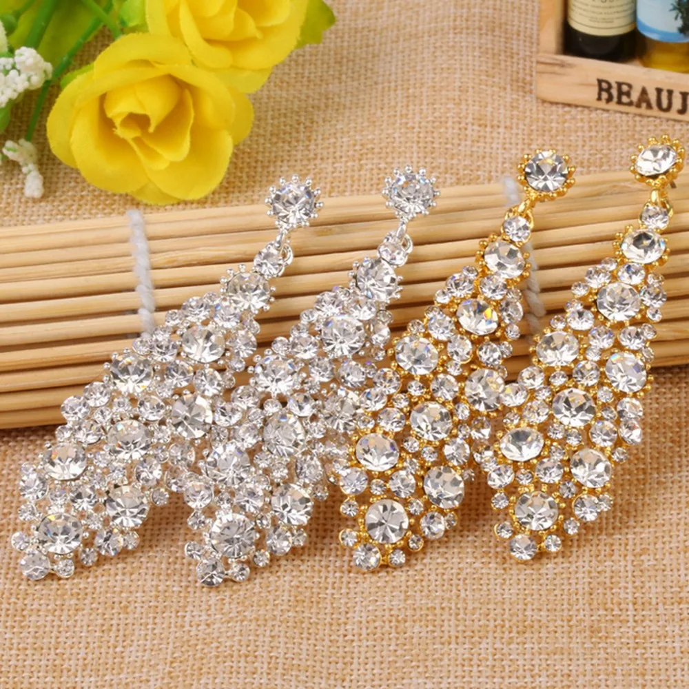 Shining Clear ear drop Wedding Earrings for Brides Women Gold Long Drop Brinco 2017 Bridesmaid Jewelry Party Accessories - Image 3