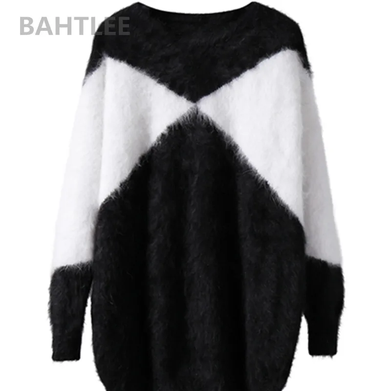 BAHTLEE Женский пуловер с изображением Ангорского Кролика, вязаный свитер с круглым вырезом и длинными рукавами, сохраняющий тепло, свободный цвет