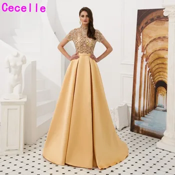 

Gold Satin A-line Sexy Evening Dresses With Sleeves 2019 Illusion Women Luxury Evening Party Special Occasion Gowns Heavily Bead