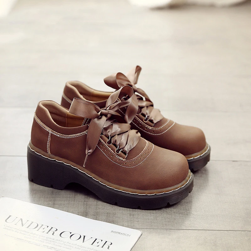 

Japanese Lolita Scrub cowhide Leather casual Shoes Woman fall shoes Round Toe Lace-Up platform shoes Low shoe Thick bottom