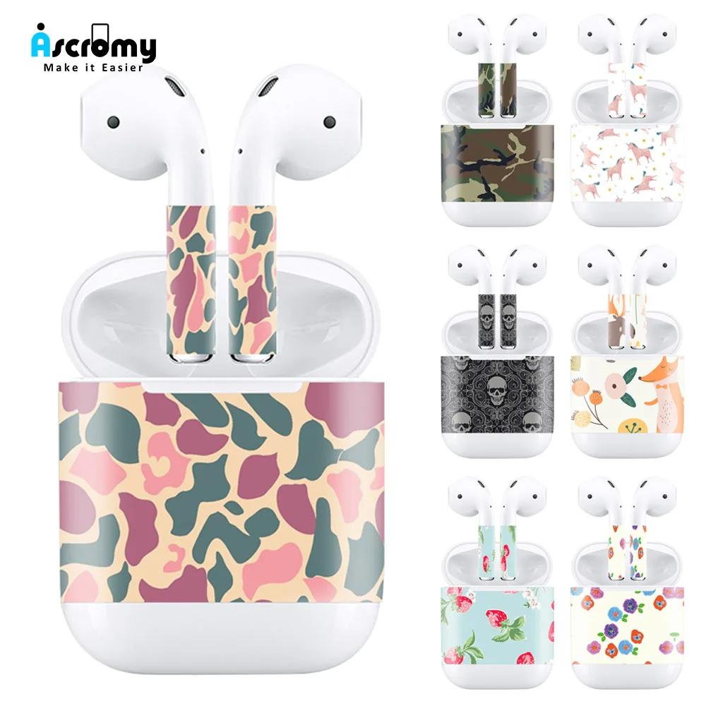 

Ascromy For Apple AirPods 1 2 Wireless Bluetooth Cute Cover Sticker Skins Earphone Stickers Protective Films Phone Accessories
